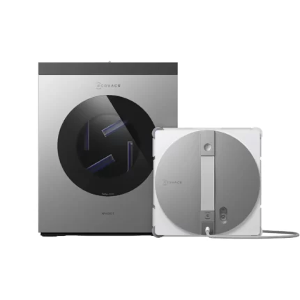 نمای کلی ربات شیشه‌شوی اکووکس WINBOT W3 OMNI به همراه ایستگاه چندمنظوره و کابل ترکیبی در می روبوت
