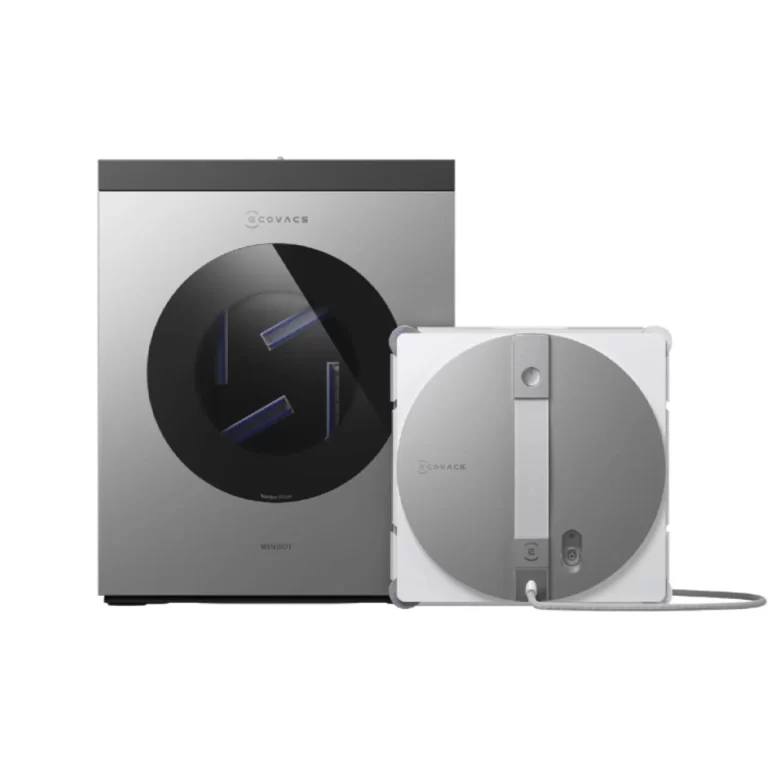 نمای کلی ربات شیشه‌شوی اکووکس WINBOT W3 OMNI به همراه ایستگاه چندمنظوره و کابل ترکیبی در می روبوت