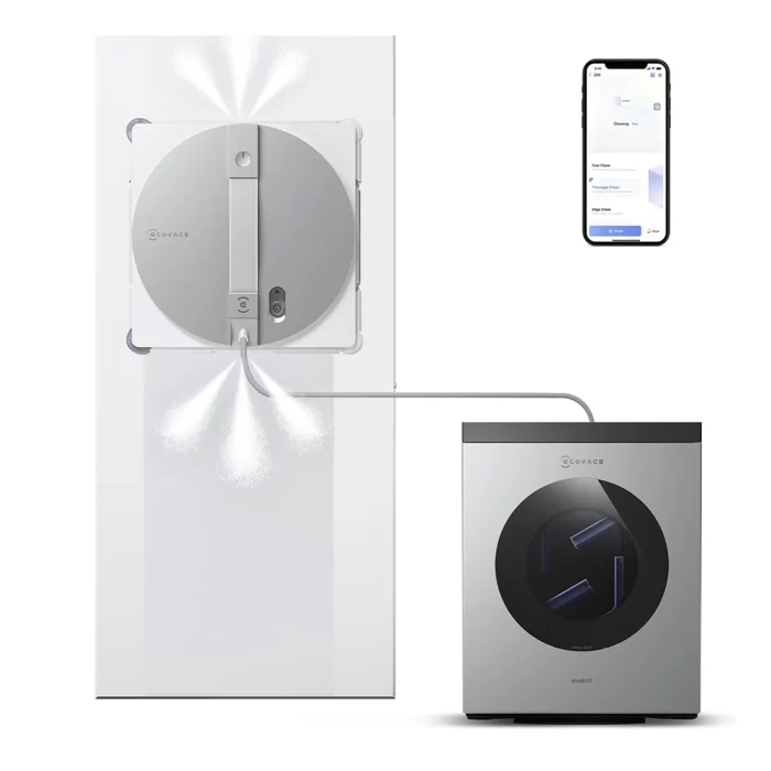 نمای کلی ربات شیشه‌شوی اکووکس WINBOT W3 OMNI به همراه ایستگاه چندمنظوره و کابل ترکیبی در می روبوت