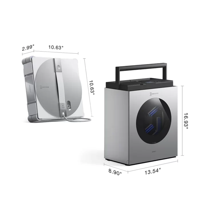 نمای کلی ربات شیشه‌شوی اکووکس WINBOT W3 OMNI به همراه ایستگاه چندمنظوره و کابل ترکیبی در می روبوت
